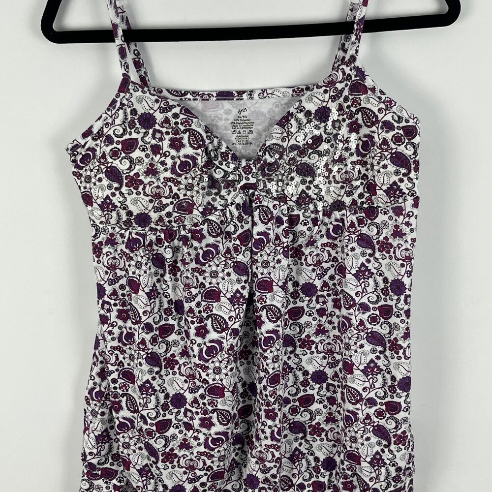 George G21 Top Camisole Size XL White Purple Paisley Spaghetti Strap Lined Cup